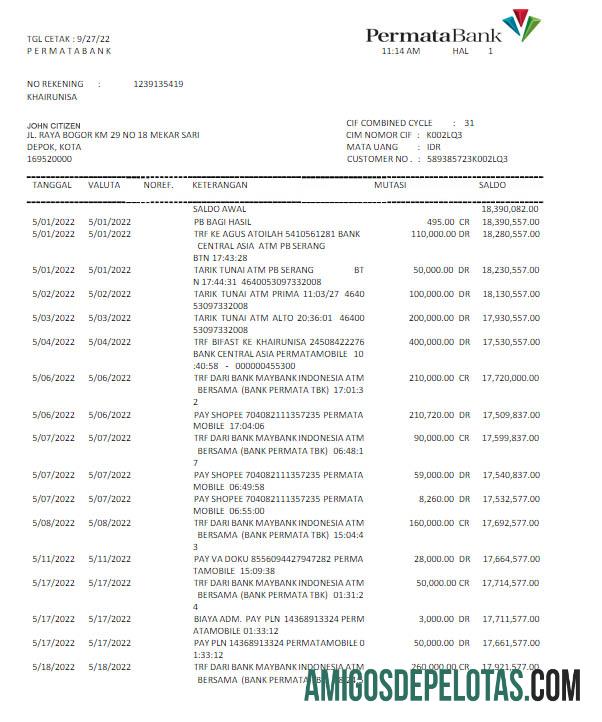 Declaração em branco do Permatabank da Indonésia modelo Word e PDF Scr